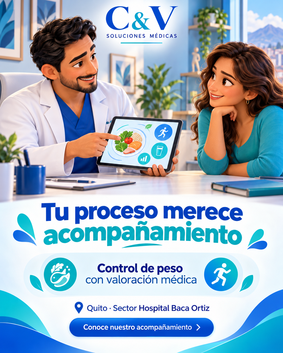 Ilustración creada con IA de una consulta para acompañamiento en control de peso.